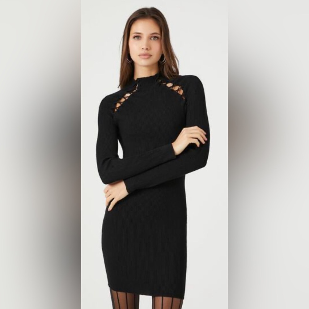 Lace Neck Mini Black Sweater Dress
